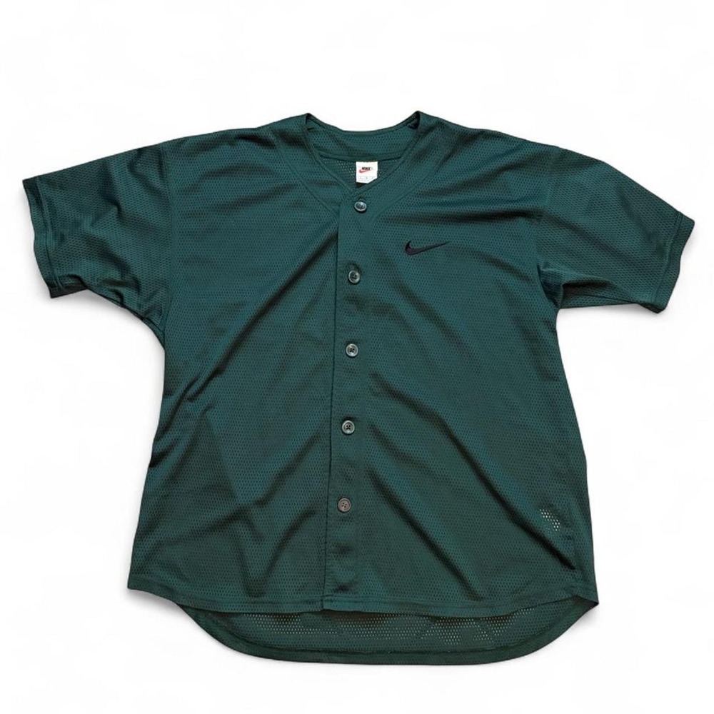 Vintage 90s Nike Mesh Baseball Jersey Mens L Green Big Swoosh Button Up